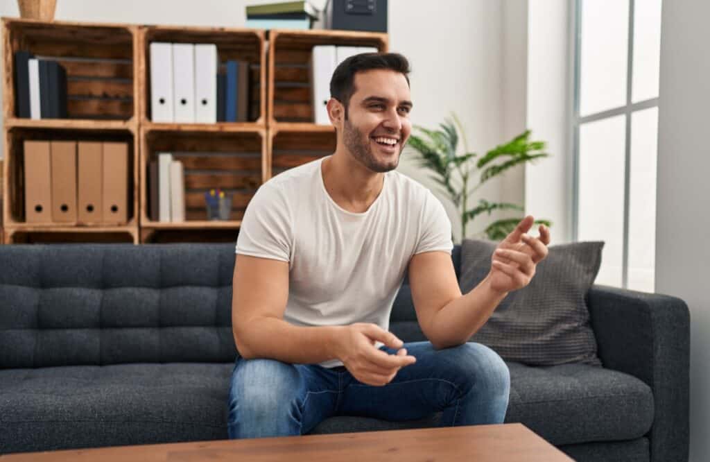 A man talks to his therapist about aftercare options after completing treatment in Portland.